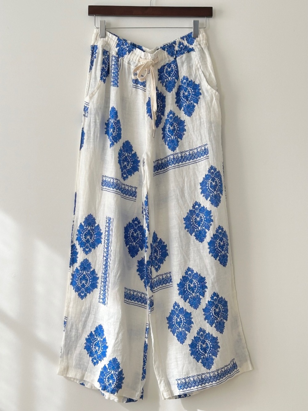 100% Linen Made In Italy Cream & Blue Wide Leg Pants